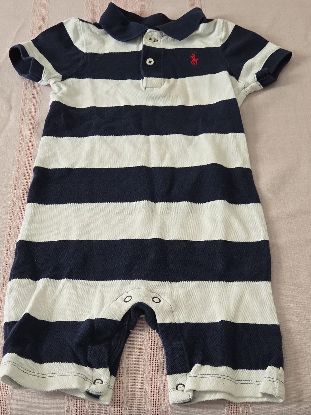 Ralph Lauren Navy & White Striped Polo Romper with Red Logo Size 24 Mo